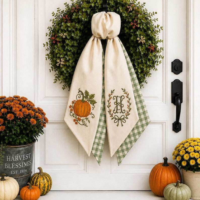 Thanksgiving Wreath Sash, Personalized Seasonal Pumpkin Monogram Door Sash, Autumn Door Decor