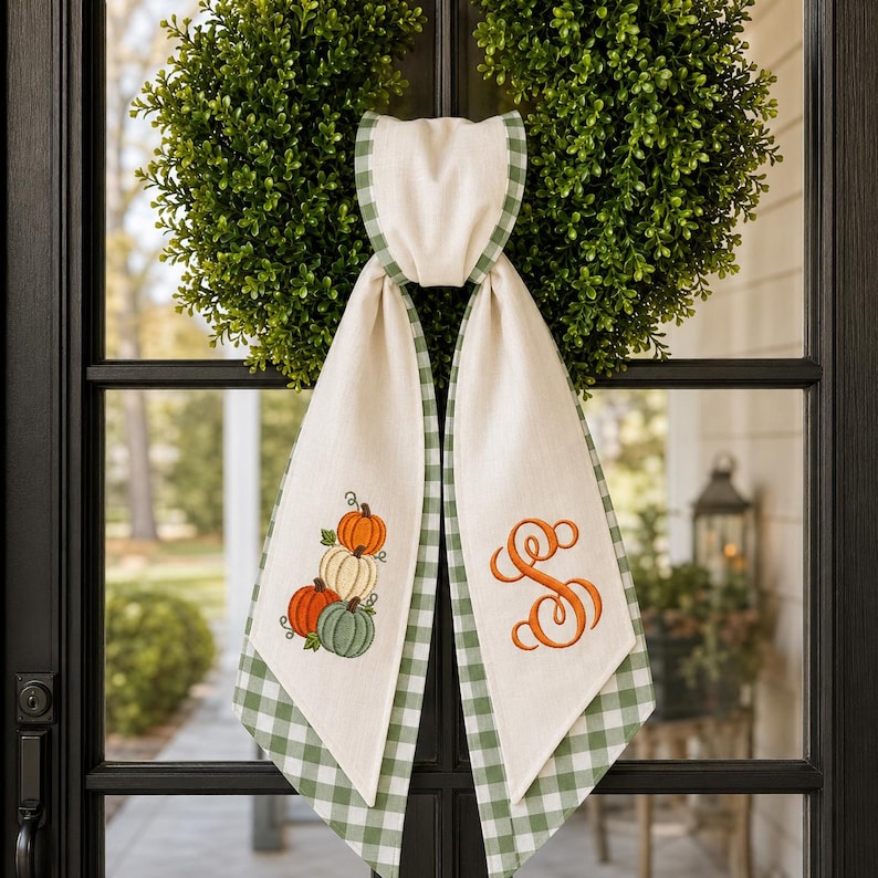 Personalized Fall Wreath Sash, Green Gingham Pumpkin Wreath Bow, Custom Monogram Door Decor