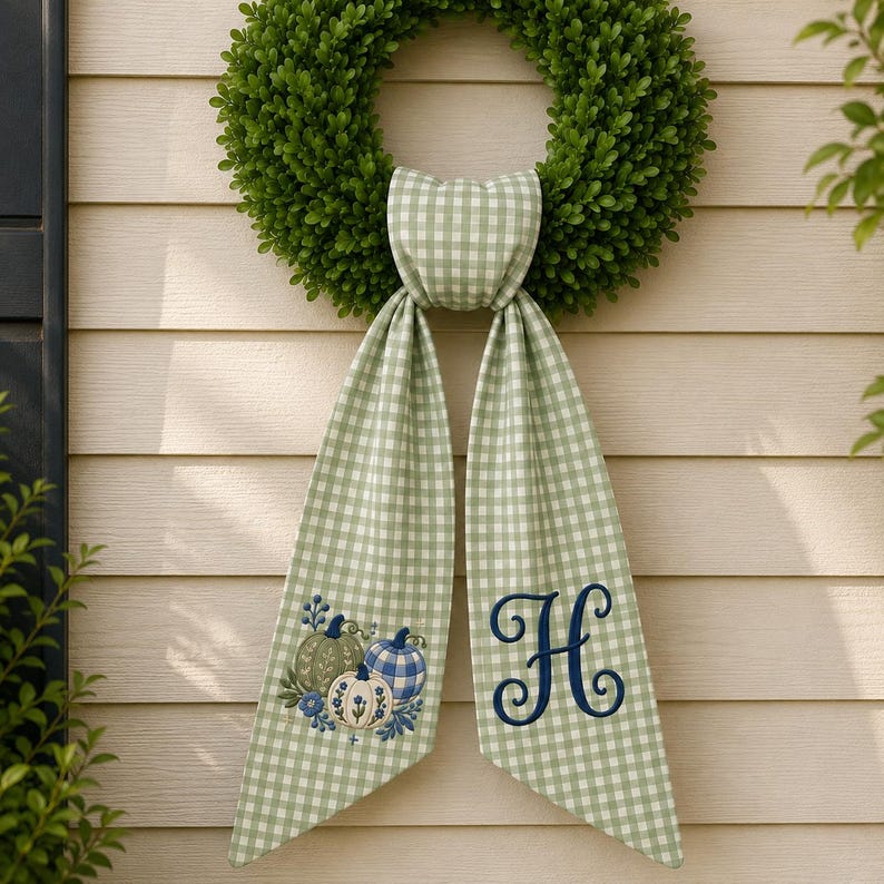 Personalized Pumpkin Monogram Wreath Bow, Embroidery Custom Family Name Sash, Chinoiserie Pumpkin Floral Fall Harvest Porch Decor