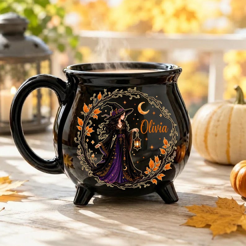 Personalized Witch Cauldron Mug, Custom Name Halloween Coffee Cup, Gothic Ceramic Drinkware, Spooky Witch Gift