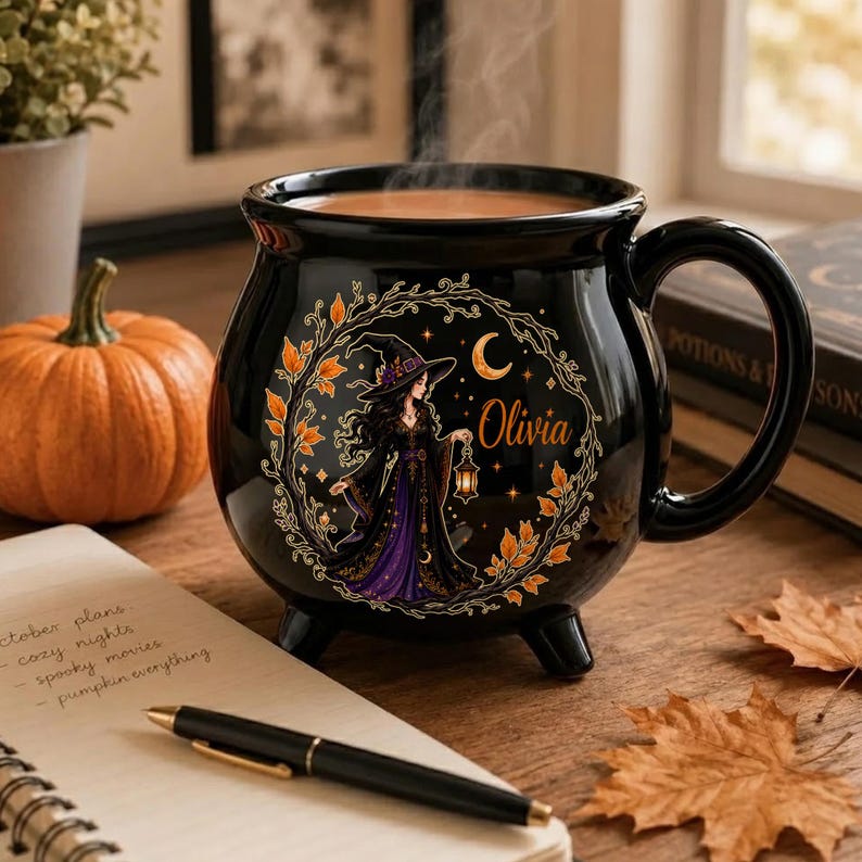 Personalized Witch Cauldron Mug, Custom Name Halloween Coffee Cup, Gothic Ceramic Drinkware, Spooky Witch Gift