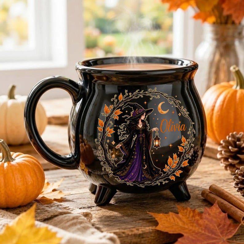 Personalized Witch Cauldron Mug, Custom Name Halloween Coffee Cup, Gothic Ceramic Drinkware, Spooky Witch Gift