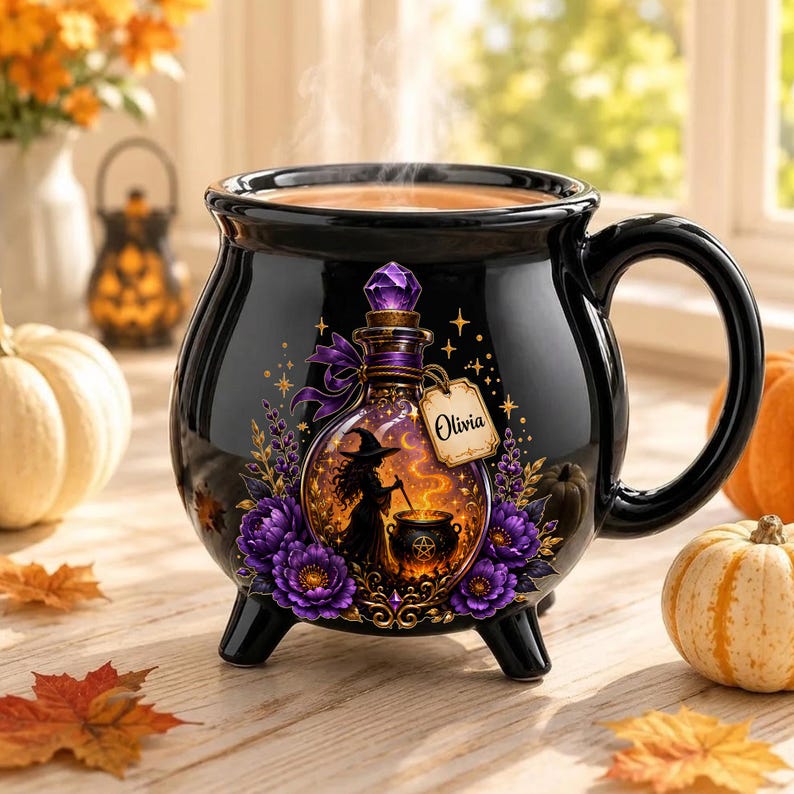 Personalized Witch Potion Cauldron Mug, Custom Name Halloween Ceramic Cup, Purple Floral Spooky Coffee Gift