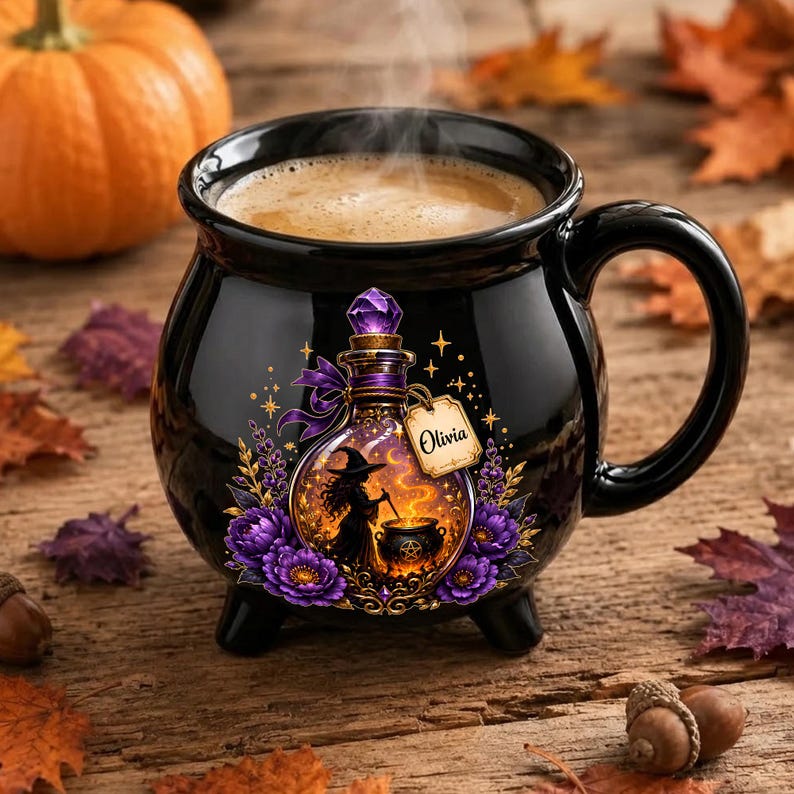 Personalized Witch Potion Cauldron Mug, Custom Name Halloween Ceramic Cup, Purple Floral Spooky Coffee Gift