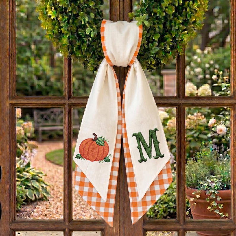 Custom Fall Pumpkin Wreath Sash with Monogram, Personalized Embroidered Autumn Bow
