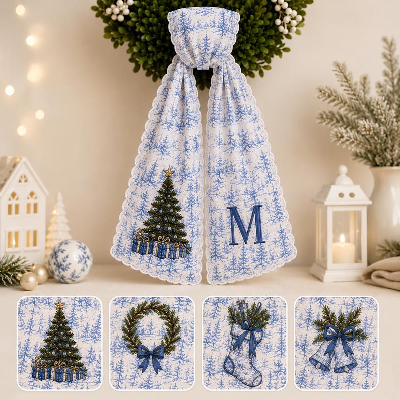 Blue Toile Christmas Wreath Sash, Custom Embroidered Sash, Personalized Holiday Front Door Decor