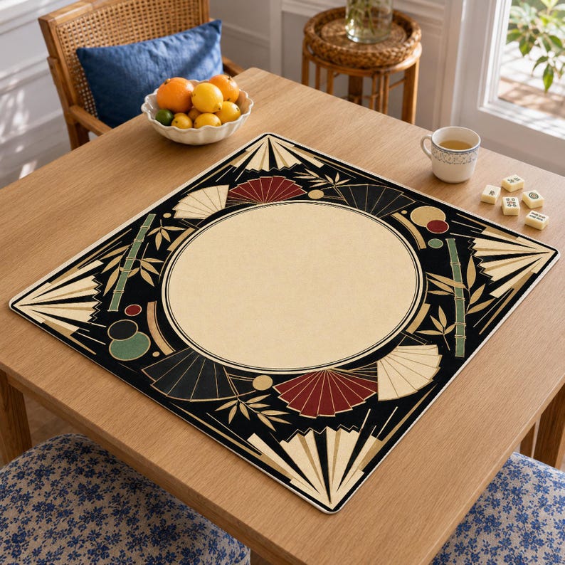 Art Deco Mahjong Mat, Black Gold Shanghai Mahjong Table Mat, Game Mat