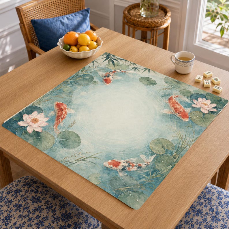 Koi Water Lily Mahjong Mat, Japanese Pond Mahjong Table Mat