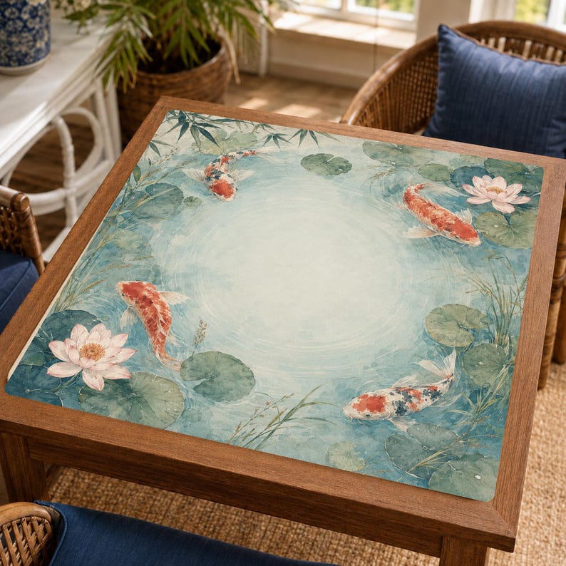 Koi Water Lily Mahjong Mat, Japanese Pond Mahjong Table Mat