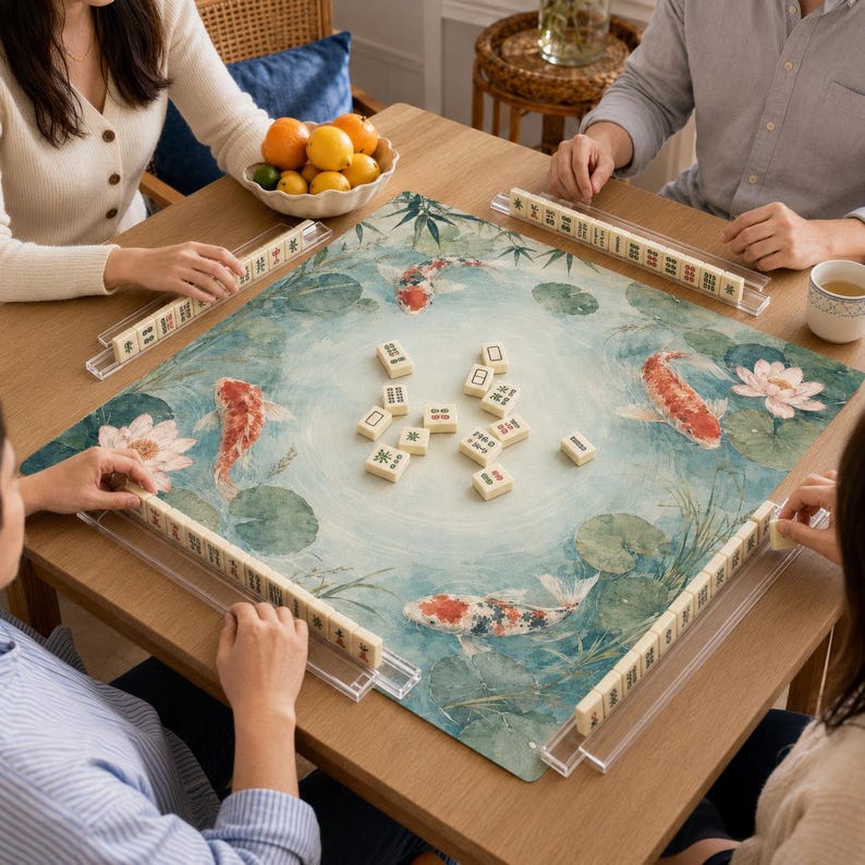Koi Water Lily Mahjong Mat, Japanese Pond Mahjong Table Mat