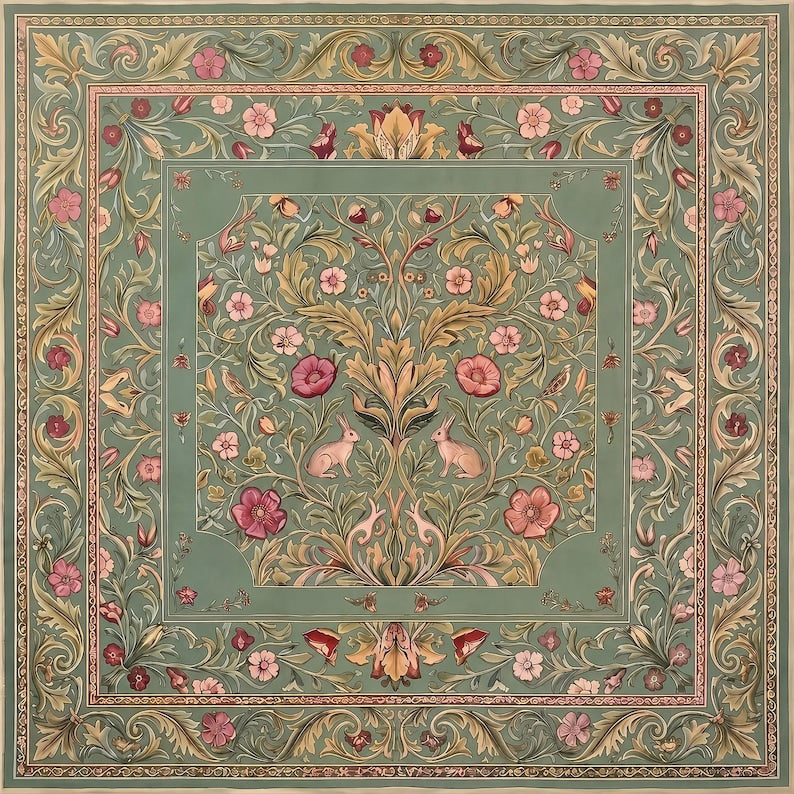 Vintage Botanical Rabbit Mahjong Mat, William Morris Style Floral Playmat, Extra Thick Nonslip Table Cover