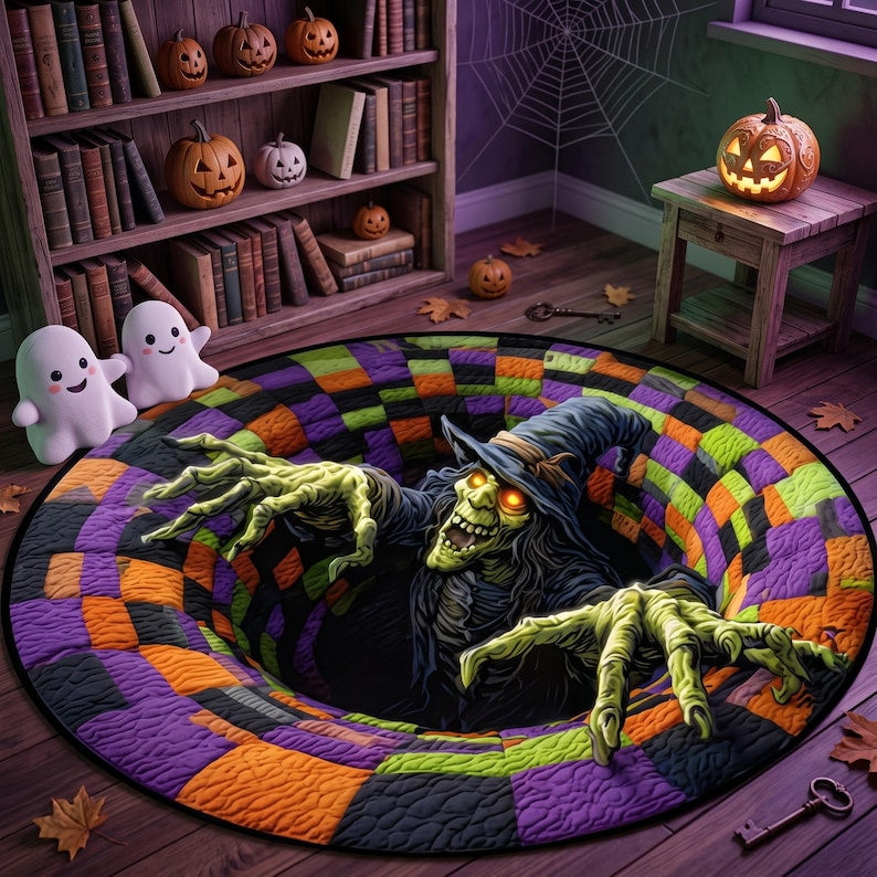 3D Illusion Witch Vortex Round Rug, Halloween Horror Scary Witch Area Rug, Non Slip Floor Mat Living Room Bedroom Decor