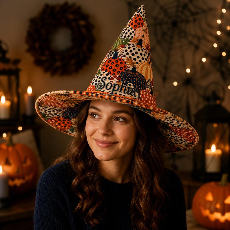 Personalized Witch Hat, Custom Name Quilted Halloween Hat, Patchwork Witch Costume Hat, Halloween Decor Gift