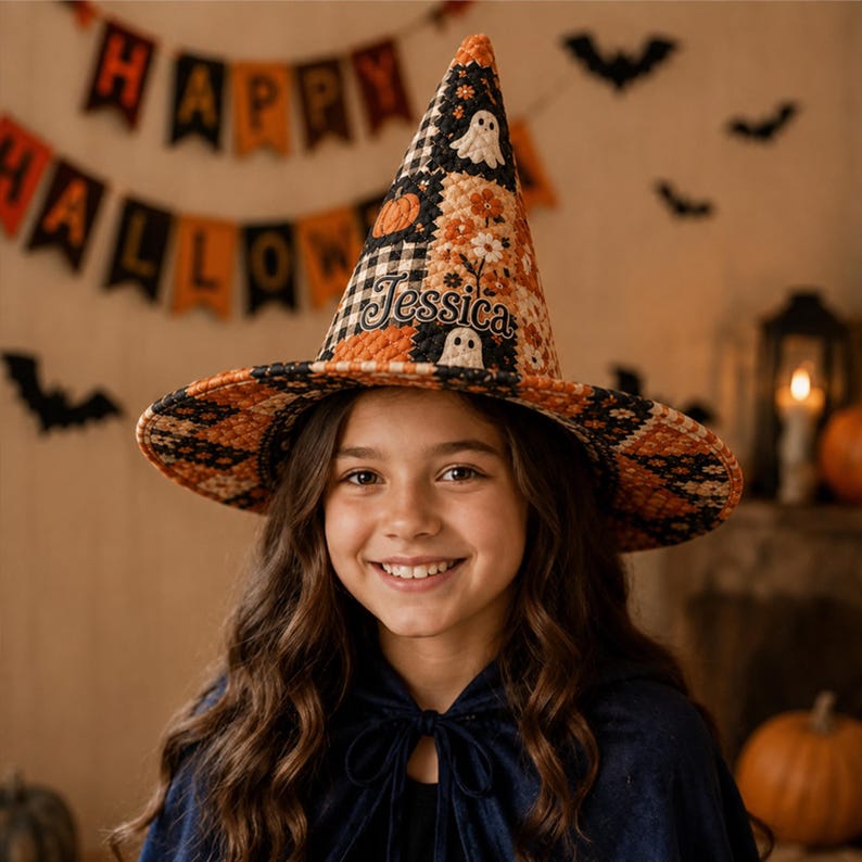 Personalized Witch Hat, Custom Name Quilted Halloween Hat, Patchwork Witch Costume Hat, Halloween Decor Gift