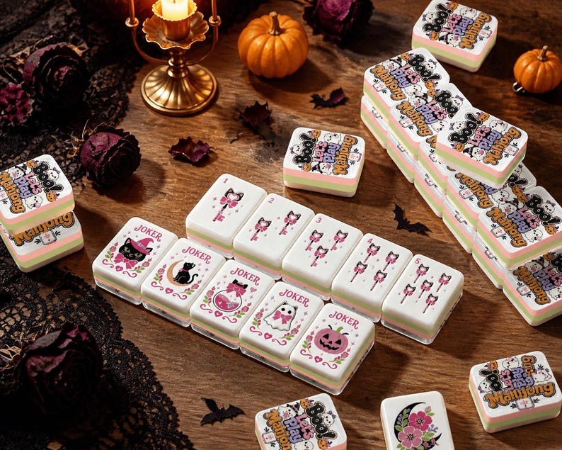 Spooky Cute Mahjong Tiles, Kawaii Acrylic Mahjong Tiles, Halloween Board Game, Occult Theme Witchy Game Night