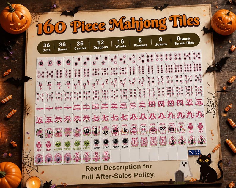Spooky Cute Mahjong Tiles, Kawaii Acrylic Mahjong Tiles, Halloween Board Game, Occult Theme Witchy Game Night