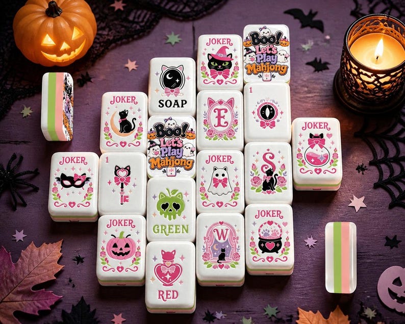 Spooky Cute Mahjong Tiles, Kawaii Acrylic Mahjong Tiles, Halloween Board Game, Occult Theme Witchy Game Night