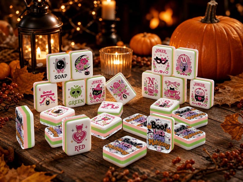 Spooky Cute Mahjong Tiles, Kawaii Acrylic Mahjong Tiles, Halloween Board Game, Occult Theme Witchy Game Night