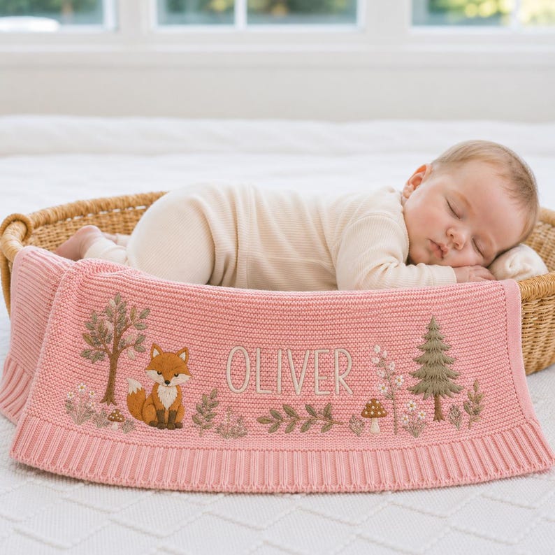 Personalized Woodland Fox Baby Blanket, Embroidered Name Keepsake, Forest Knit Nursery Gift