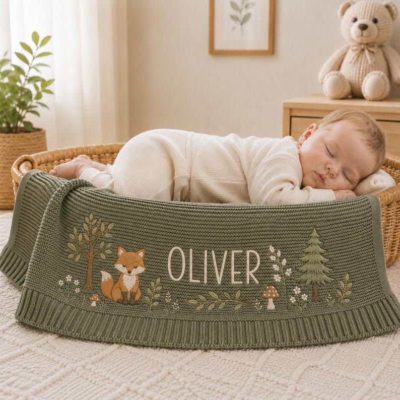 Personalized Woodland Fox Baby Blanket, Embroidered Name Keepsake, Forest Knit Nursery Gift