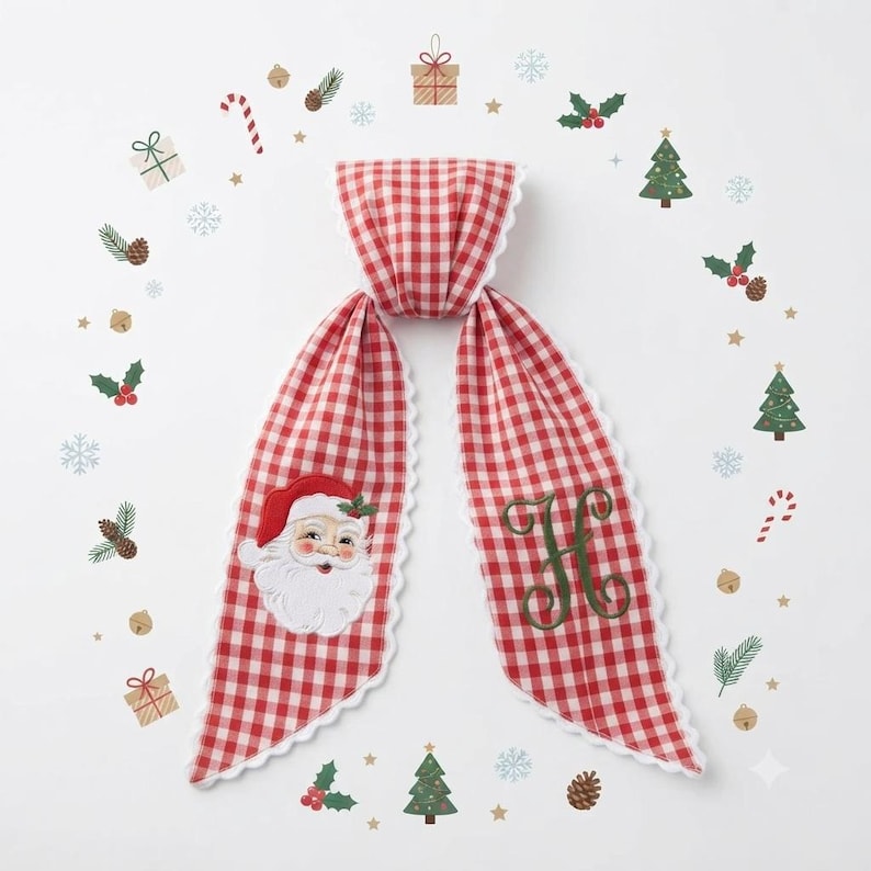 Personalized Embroidered Christmas Wreath Sash, Monogram Letter Wreath Bow, Santa Claus Embroidery Applique