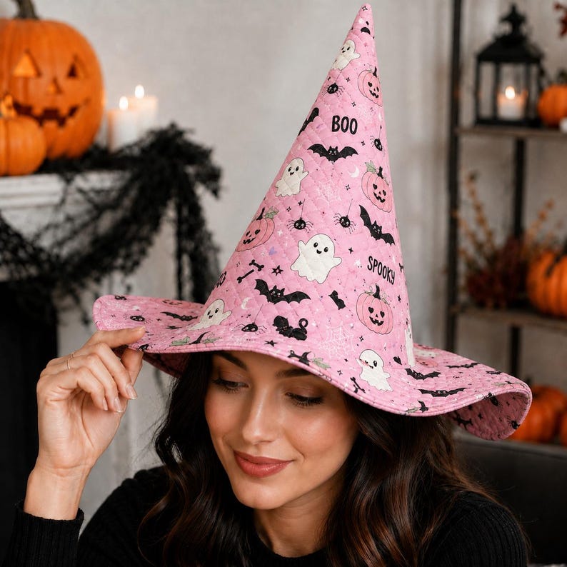 Pink Quilted Halloween Witch Hat, Ghost Pumpkin BOO Print, Spooky Costume Headwear