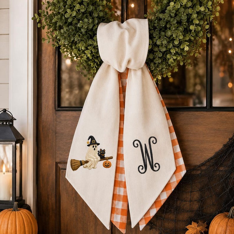 Personalized Ghost With Black Cat Halloween Wreath Sash Bow, Embroidered Ghost Door Hanger, Custom Monogram Fall Porch Decoration