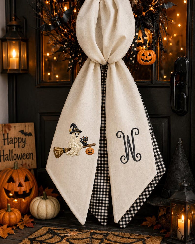 Personalized Ghost With Black Cat Halloween Wreath Sash Bow, Embroidered Ghost Door Hanger, Custom Monogram Fall Porch Decoration