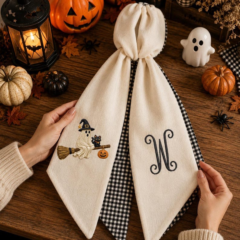 Personalized Ghost With Black Cat Halloween Wreath Sash Bow, Embroidered Ghost Door Hanger, Custom Monogram Fall Porch Decoration