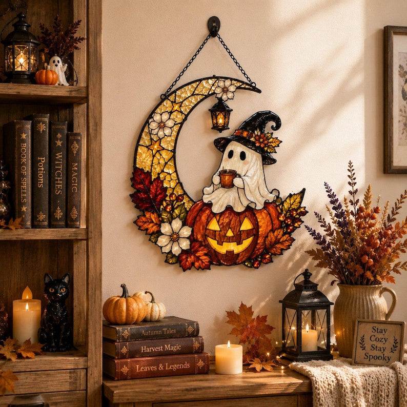 Ghost Pumpkin Moon Acrylic Suncatcher, Ghost Drinking Coffee Window Hanging, Halloween Suncatcher