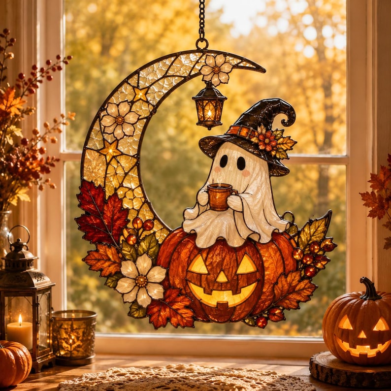 Ghost Pumpkin Moon Acrylic Suncatcher, Ghost Drinking Coffee Window Hanging, Halloween Suncatcher