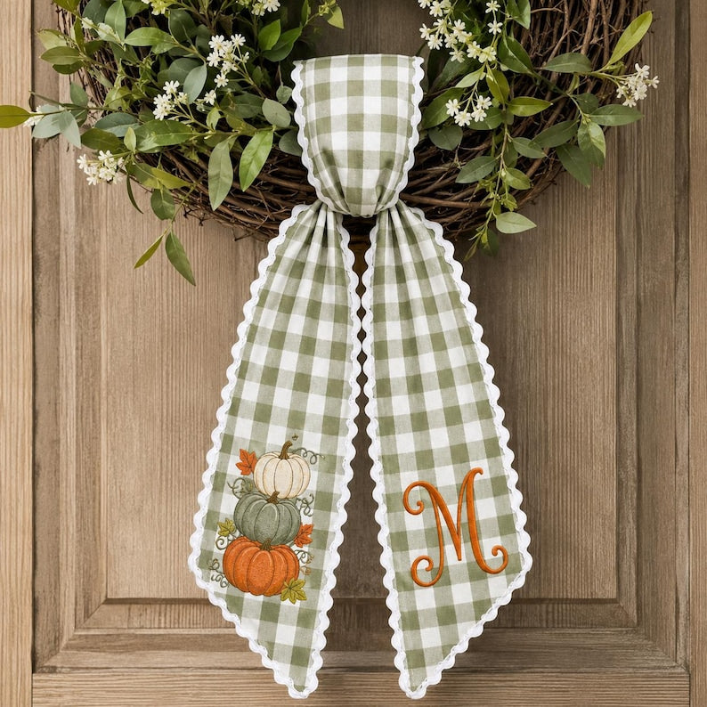 Fall Pumpkin Embroidered Sash, Sage Gingham Monogram Door Bow, Harvest Wreath Front Door Decor