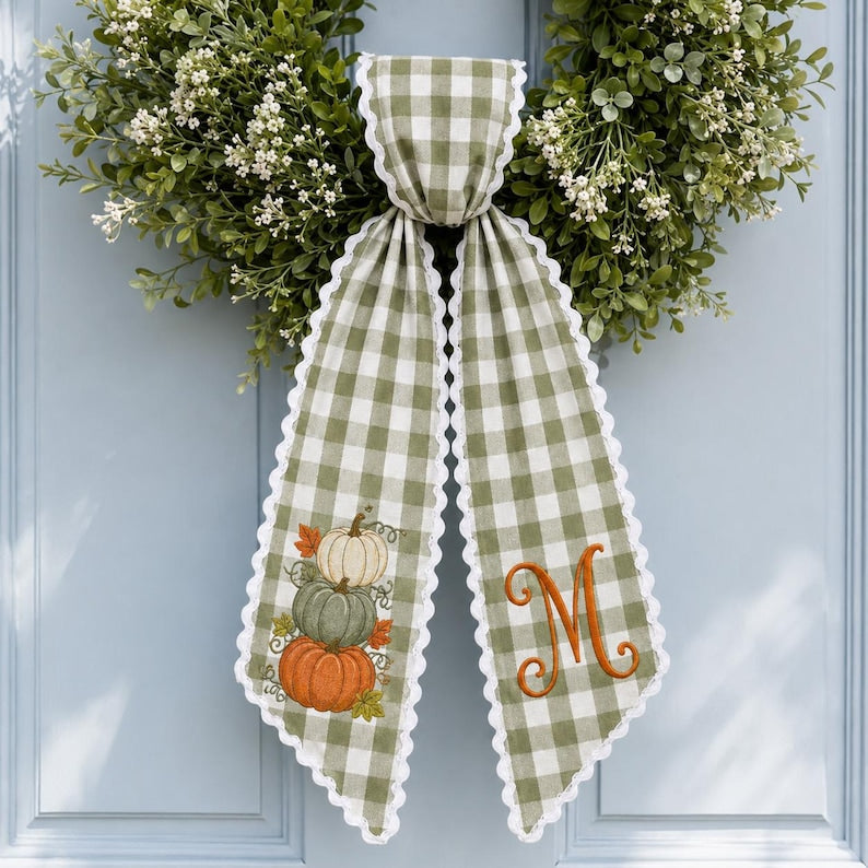 Fall Pumpkin Embroidered Sash, Sage Gingham Monogram Door Bow, Harvest Wreath Front Door Decor