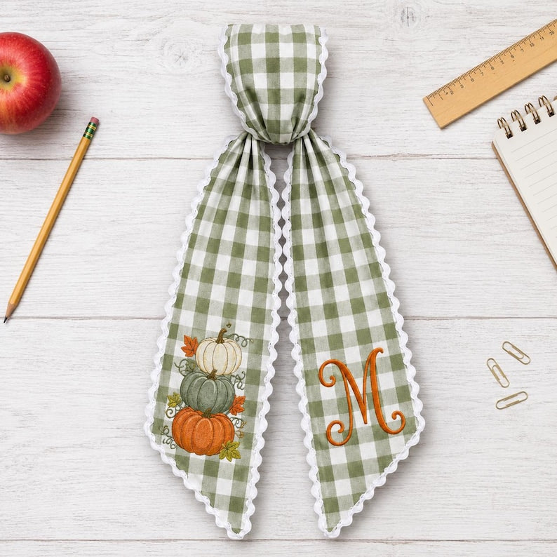 Fall Pumpkin Embroidered Sash, Sage Gingham Monogram Door Bow, Harvest Wreath Front Door Decor