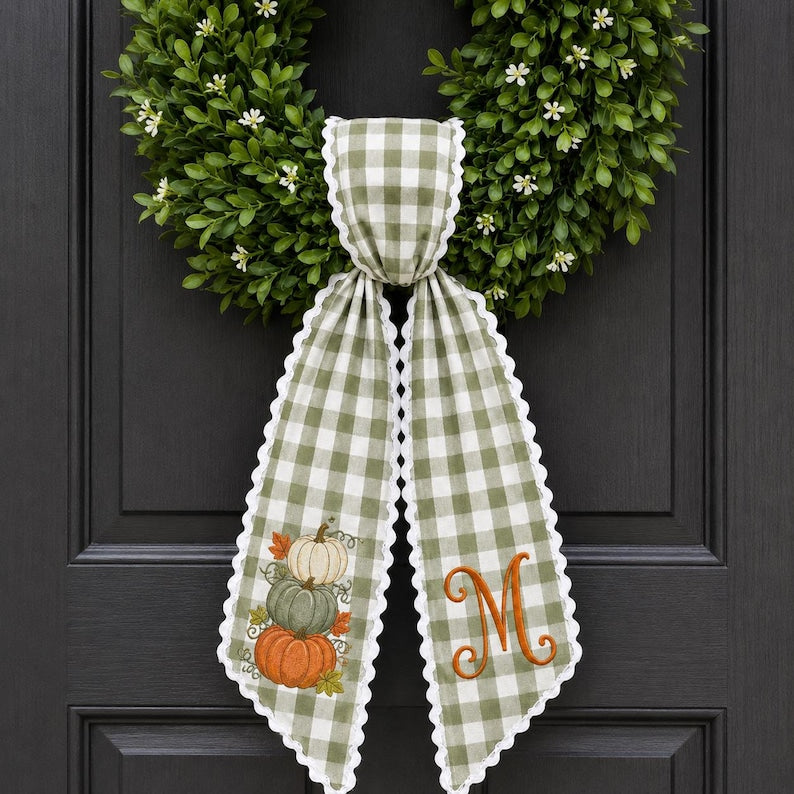 Fall Pumpkin Embroidered Sash, Sage Gingham Monogram Door Bow, Harvest Wreath Front Door Decor
