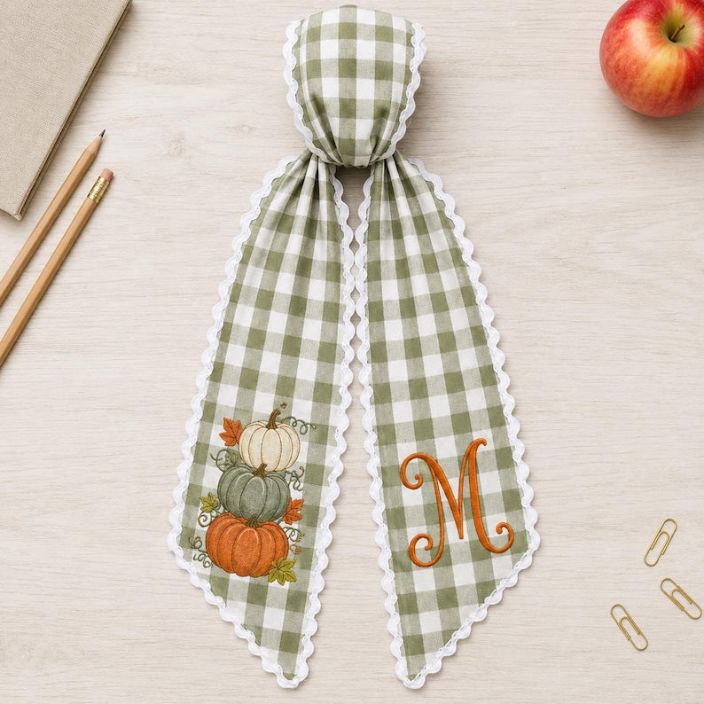 Fall Pumpkin Embroidered Sash, Sage Gingham Monogram Door Bow, Harvest Wreath Front Door Decor