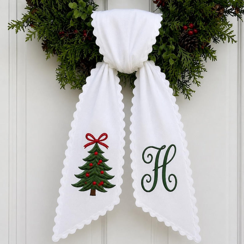 Personalized Christmas Tree Wreath Sash, Pink Stripe Monogram Door Bow, Embroidered Holiday Front Door Decor