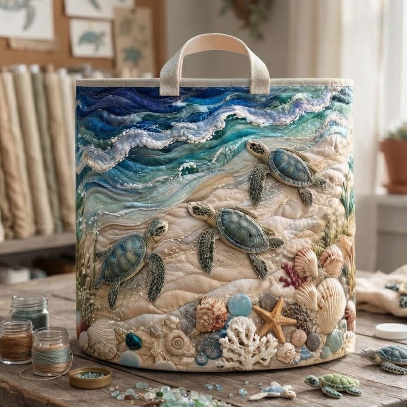 Turtle Sea Quilted Laundry Basket, Coastal Ocean Marine Life Storage Bin, Quilt Fabric Hamper