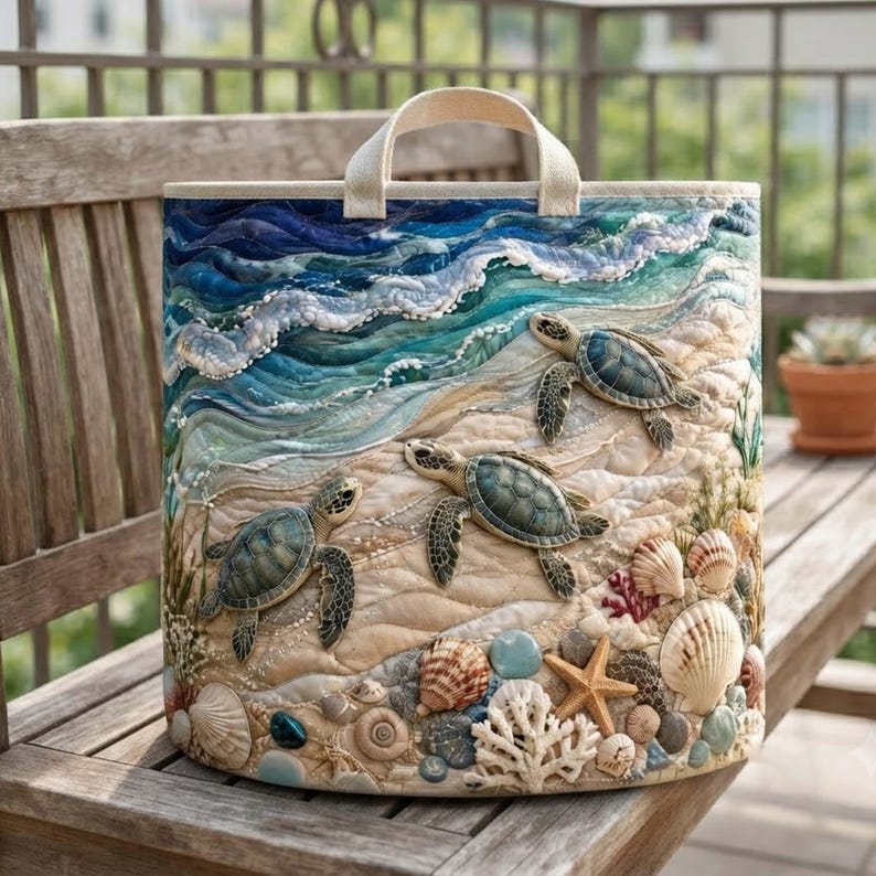 Turtle Sea Quilted Laundry Basket, Coastal Ocean Marine Life Storage Bin, Quilt Fabric Hamper