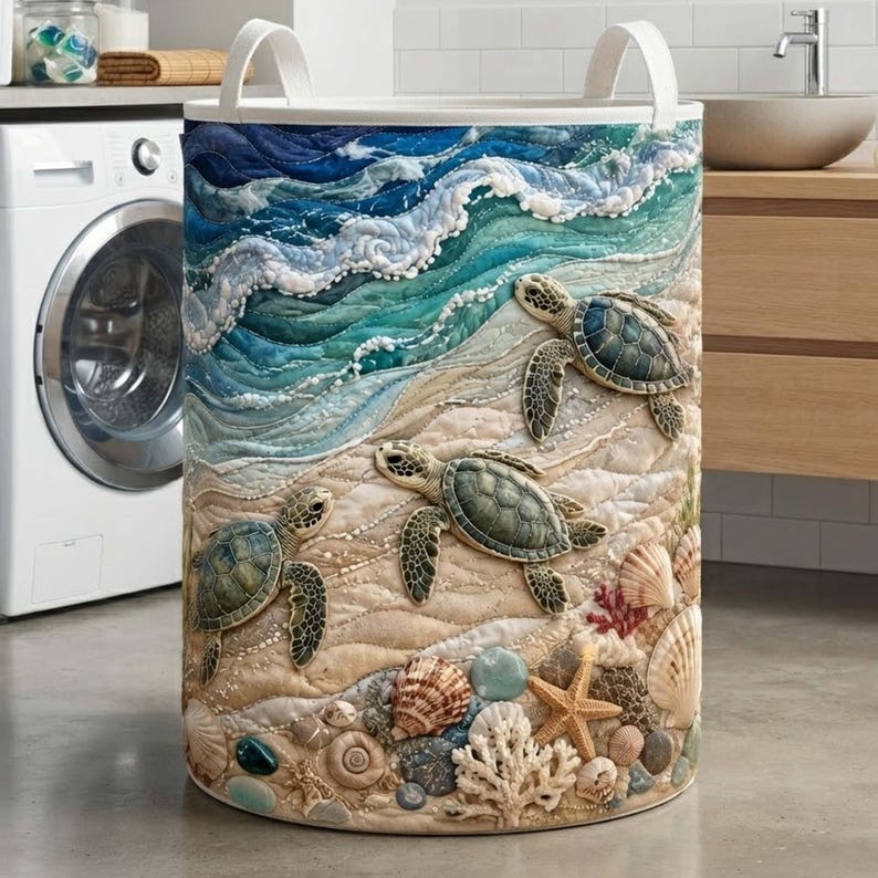 Turtle Sea Quilted Laundry Basket, Coastal Ocean Marine Life Storage Bin, Quilt Fabric Hamper