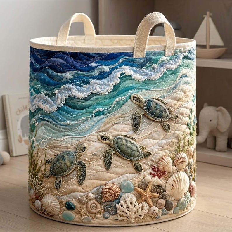 Turtle Sea Quilted Laundry Basket, Coastal Ocean Marine Life Storage Bin, Quilt Fabric Hamper