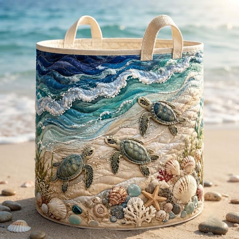 Turtle Sea Quilted Laundry Basket, Coastal Ocean Marine Life Storage Bin, Quilt Fabric Hamper