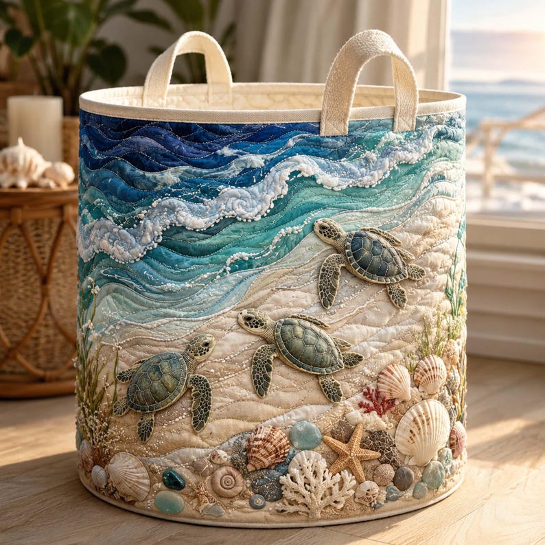 Turtle Sea Quilted Laundry Basket, Coastal Ocean Marine Life Storage Bin, Quilt Fabric Hamper