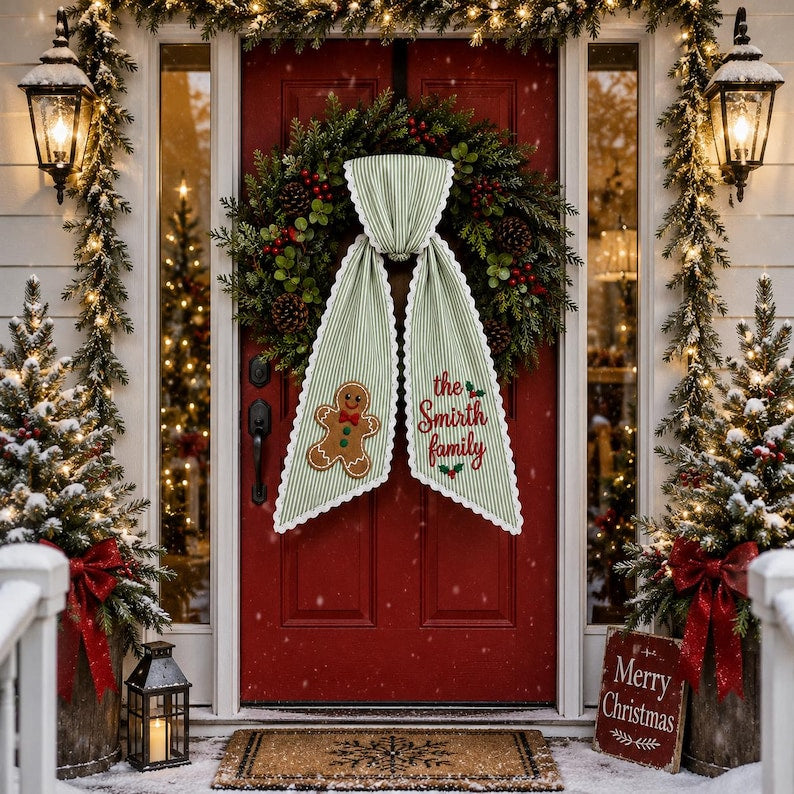 Personalized Gingerbread Christmas Wreath Sash, Custom Family Name Door Bow, Embroidered Holiday Wreath Bow