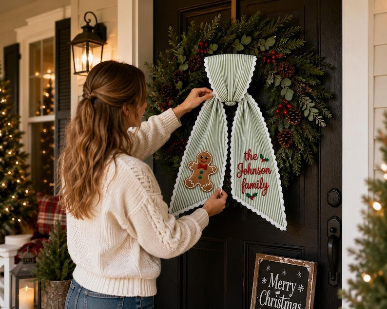 Personalized Gingerbread Christmas Wreath Sash, Custom Family Name Door Bow, Embroidered Holiday Wreath Bow