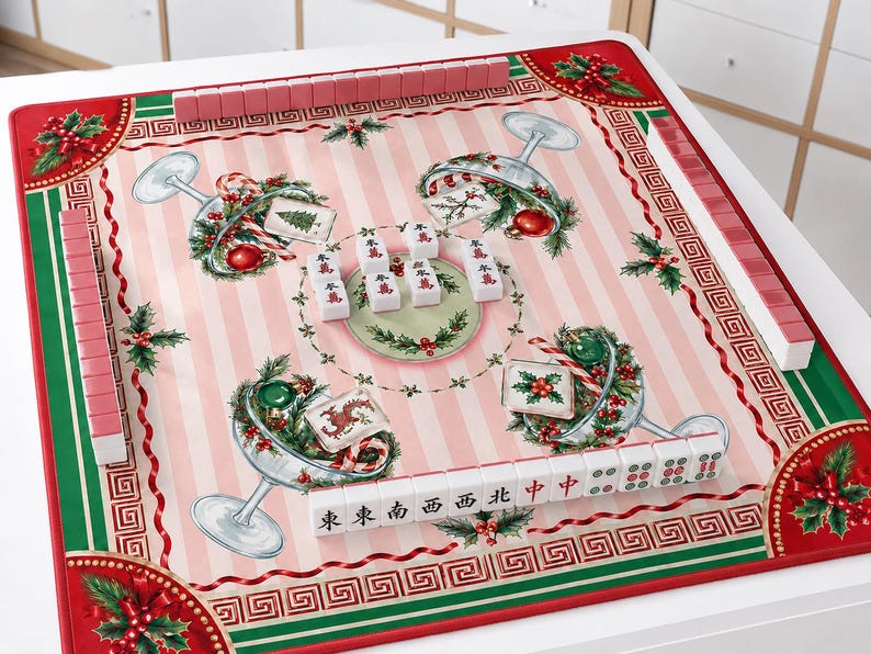 Christmas Toile Chinoiseries Mahjong Mat, Santa Tree Tartan Game Mat, Preppy Holiday Mahjong Gift, Non Slip Table Cover