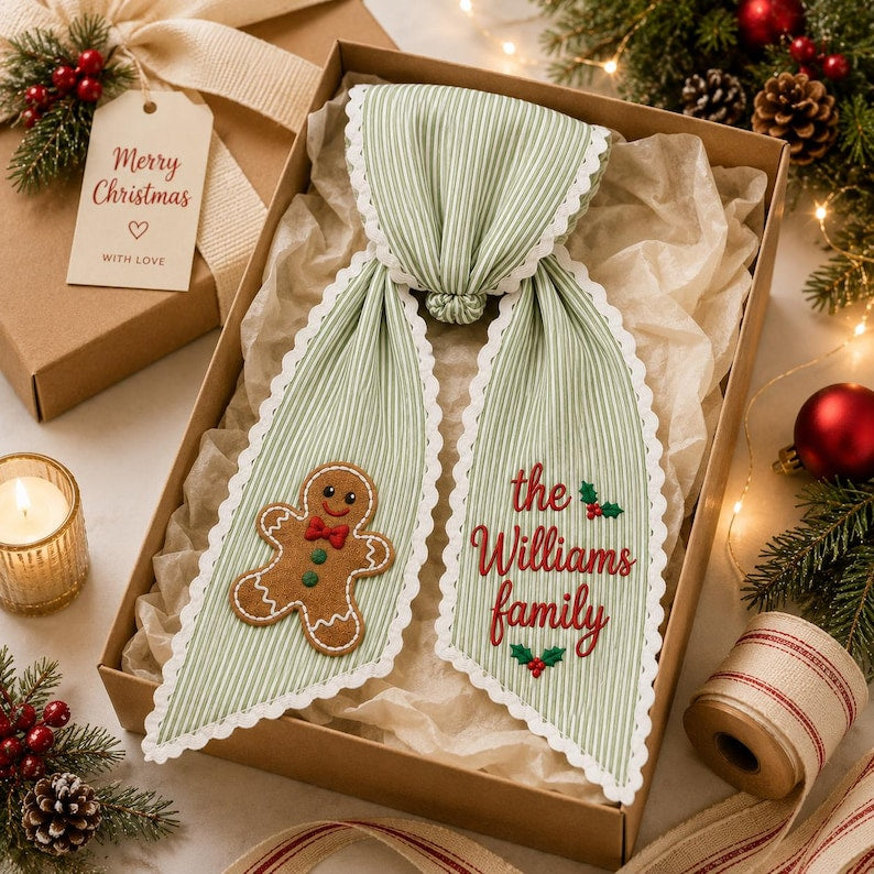 Personalized Gingerbread Christmas Wreath Sash, Custom Family Name Door Bow, Embroidered Holiday Wreath Bow