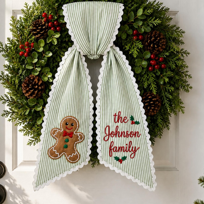 Personalized Gingerbread Christmas Wreath Sash, Custom Family Name Door Bow, Embroidered Holiday Wreath Bow