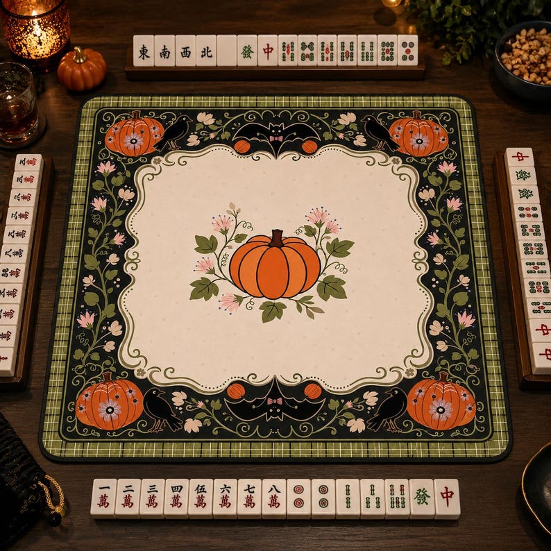 Halloween Pumpkin Mahjong Mat Spooky Game Night Table Decor Autumn Holiday Playmat Festive Seasonal