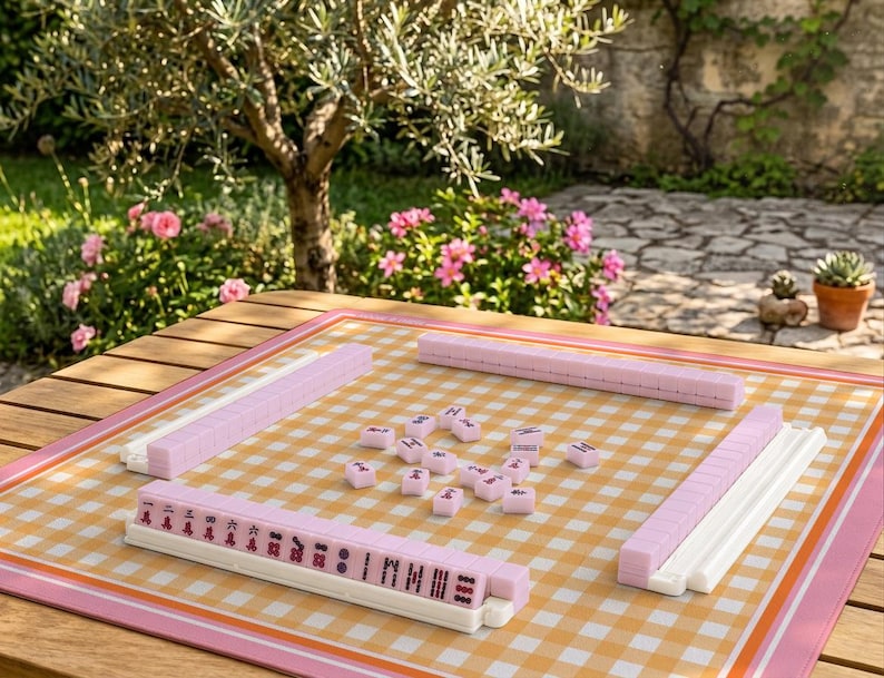Orange Gingham Mahjong Mat, Picnic Mahjong Mat, Checkered American Mahjong Mat, Summer Game Table Decor